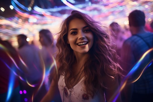 Portrait of young beautiful woman dancing in night club with lights. AI generated photo