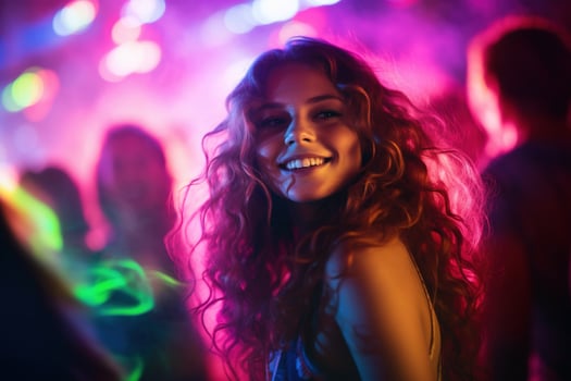 Portrait of young beautiful woman dancing in night club with lights. AI generated photo