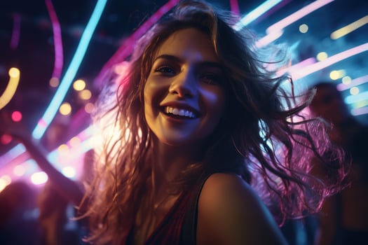 Portrait of young beautiful woman dancing in night club with lights. AI generated photo
