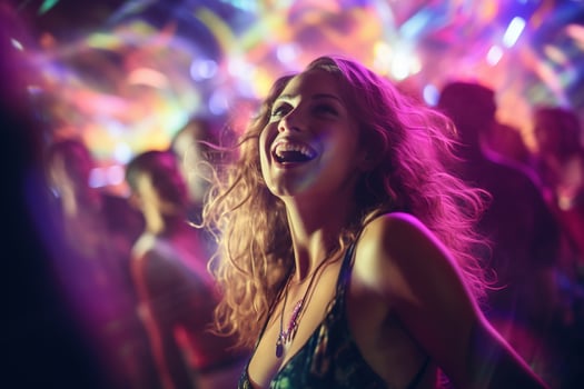 Portrait of young beautiful woman dancing in night club with lights. AI generated photo