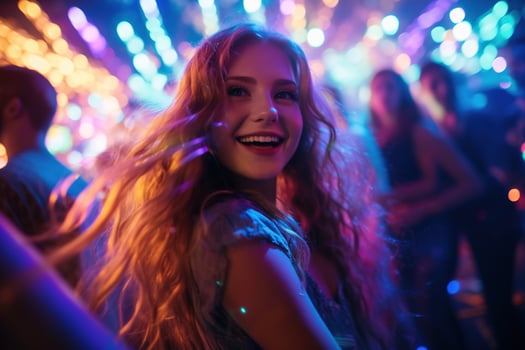 Portrait of young beautiful woman dancing in night club with lights. AI generated photo