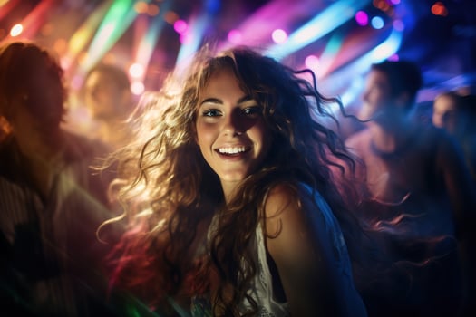 Portrait of young beautiful woman dancing in night club with lights. AI generated photo