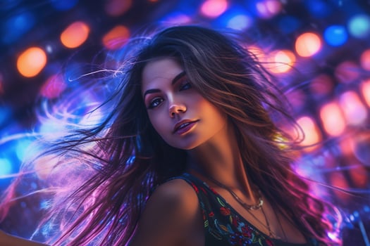 Portrait of young beautiful woman dancing in night club with lights. AI generated photo