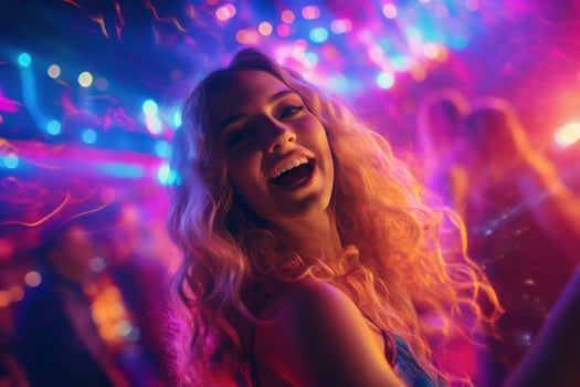 Portrait of young beautiful woman dancing in night club with lights. AI generated photo