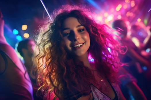 Portrait of young beautiful woman dancing in night club with lights. AI generated photo