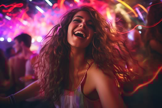 Portrait of young beautiful woman dancing in night club with lights. AI generated photo