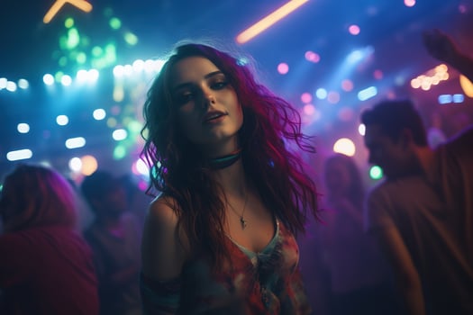 Portrait of young beautiful woman dancing in night club with lights. AI generated photo