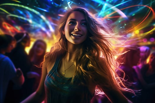 Portrait of young beautiful woman dancing in night club with lights. AI generated photo