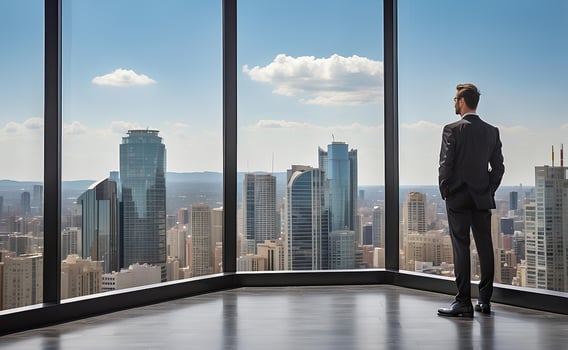 Businessman looking at city from the roof of a modern office building. photo
