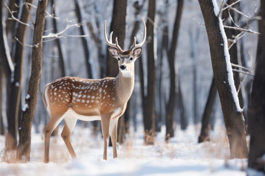 Majestic deer grazing peacefully in a serene snow covered winter forest photo