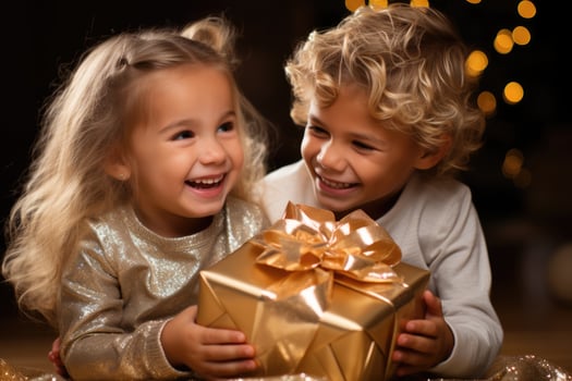 Kids unwrapping presents joyfully isolated on a gold gradient background photo