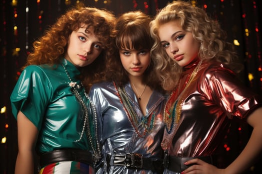 Teenagers flaunting 90s holiday inspired fashion trends at a lively Christmas disco photo