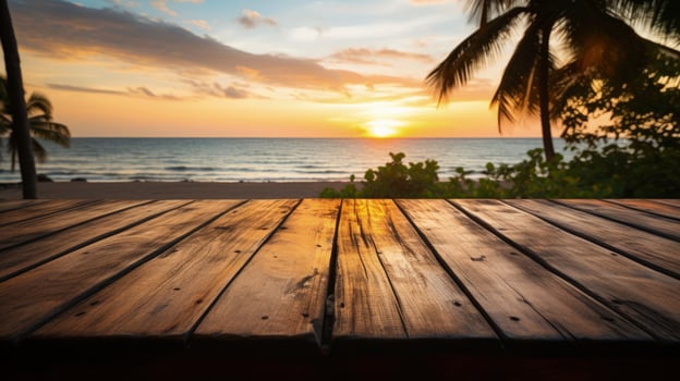 Wooden table with a background of a tropical beach at sunset photo
