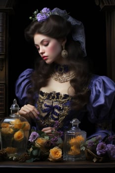 Graceful model with vintage perfumes bathed in vanilla amber and lavender hues photo