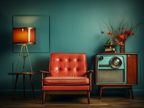 Vintage tv in a old living room with couch and tan chair AI Generative photo