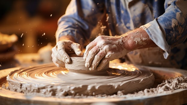 Hands gracefully molding clay on a pottery wheel expressing hidden emotions photo