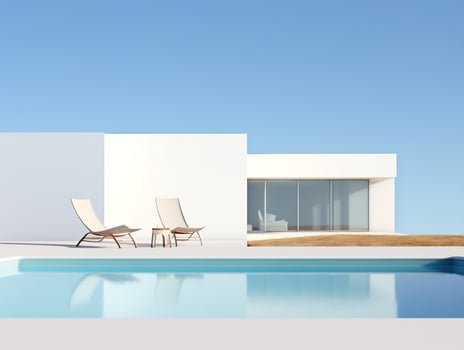 Swimming pool and lawn chair near modern white villa AI Generative photo