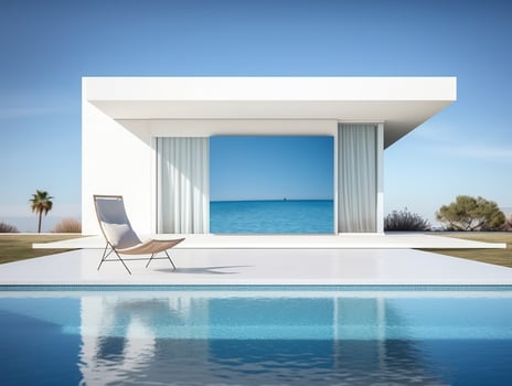Swimming pool and lawn chair near modern white villa AI Generative photo