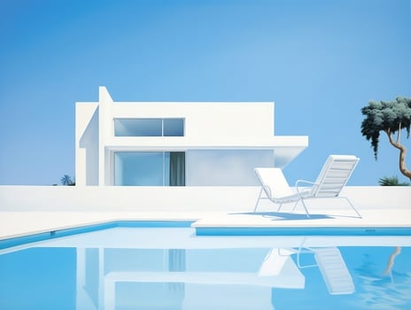 Swimming pool and lawn chair near modern white villa AI Generative photo
