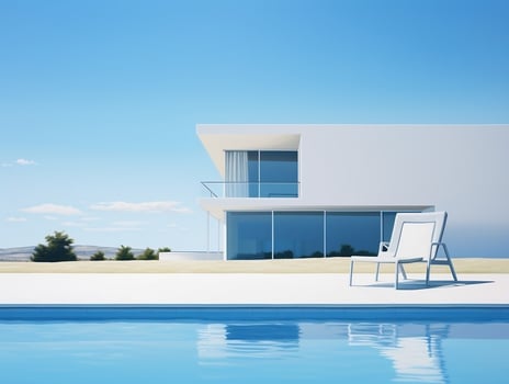 Swimming pool and lawn chair near modern white villa AI Generative photo