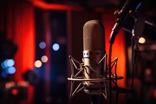 Microphone on stage in the recording studio. On a dark background, Professional microphone in the recording studio, AI Generated photo