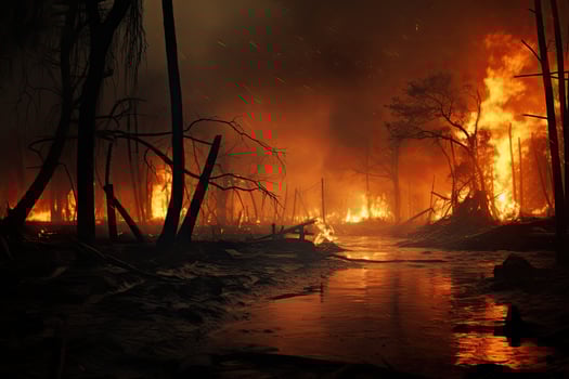 Burning forest and river at night. Fire in the forest, Rain forest fire disaster is burning, AI Generated photo