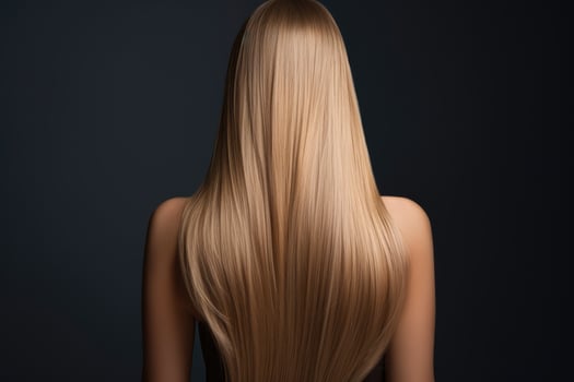 Beautiful long blond hair on a dark background. Back view, rear view of a Beautiful woman with long straight hair. Blond girl, AI Generated photo