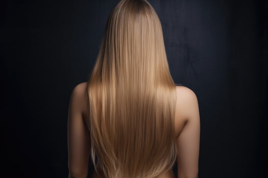 Back view of a beautiful young woman with long healthy hair on a dark background, rear view of a Beautiful woman with long straight hair. Blond girl, AI Generated photo