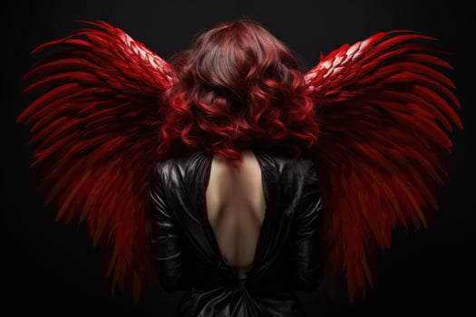 Beautiful woman with red hair and angel wings on a black background, rear view of a woman with angel wings, AI Generated photo