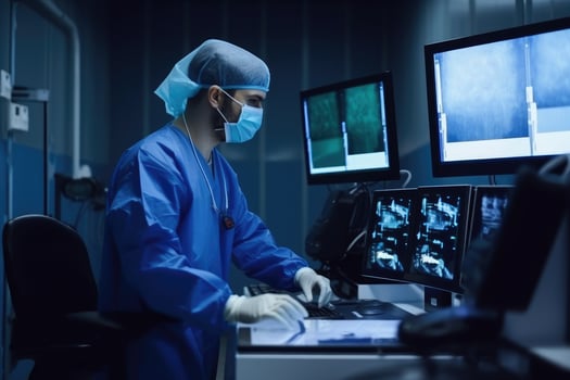 Surgeon looking at x-ray image in the operating room, Professional male doctor checking patient's condition, AI Generated photo