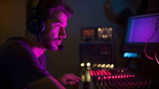 A person wearing headphones in a recording studio, immersed in the world of sound creation.. Generative AI photo