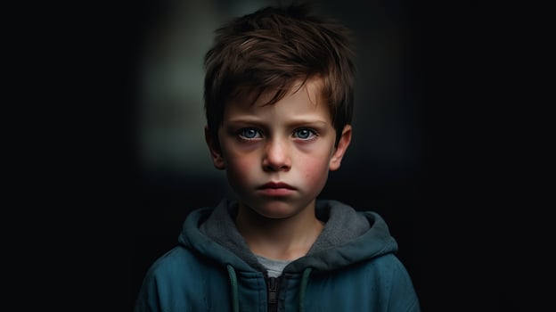 Portrait of a boy with blue sad eyes on a dark background. Portrait of a sad little boy on a dark background. Selective focus. AI Generated photo