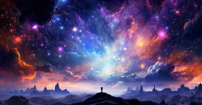 Technicolor Dreamscape of a Vast Galaxy with Interacting Blue Stars. AI Generated photo