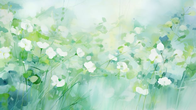 Springtime Green Watercolor Abstract with Flowers Light Teal and White Digital Painting. AI Generated photo