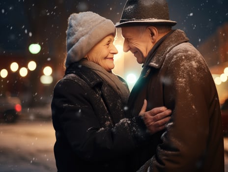 AI Generated Ai generation. Smiling elderly couple hugging against the backdrop of a winter street photo