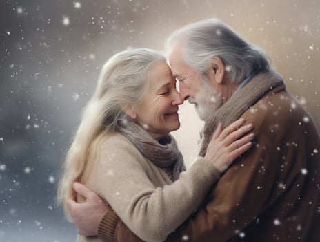 AI Generated Ai generation. Smiling elderly couple hugging against the backdrop of a winter street photo