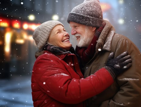 AI Generated Ai generation. Smiling elderly couple hugging against the backdrop of a winter street photo