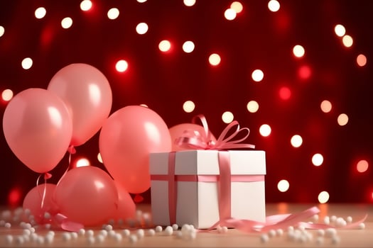 Happy valentine's day concept with red gift box and heart  shaped balloons romantic banner love concept by AI Generated photo