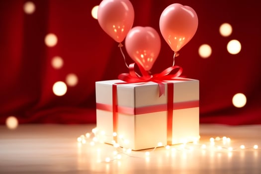 Happy valentine's day concept with red gift box and heart  shaped balloons romantic banner love concept by AI Generated photo