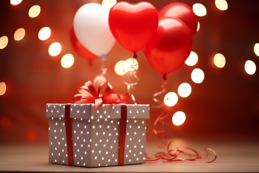 Happy valentine's day concept with red gift box and heart  shaped balloons romantic banner love concept by AI Generated photo