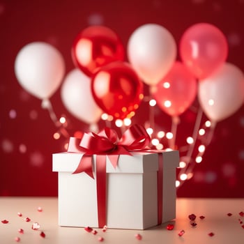 Happy valentine's day concept with red gift box and heart  shaped balloons romantic banner love concept by AI Generated photo