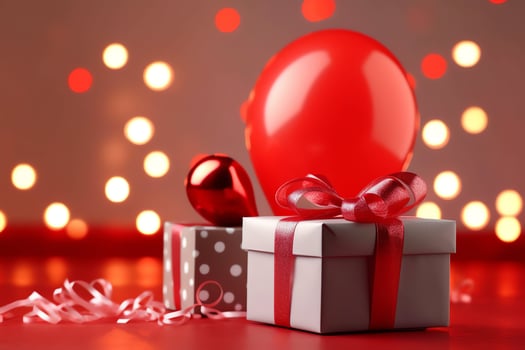 Happy valentine's day concept with red gift box and heart  shaped balloons romantic banner love concept by AI Generated photo