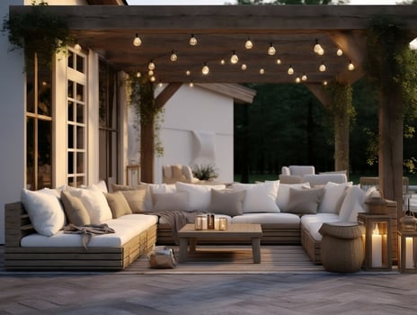 Outdoor living area with couches and lanterns AI Generative photo