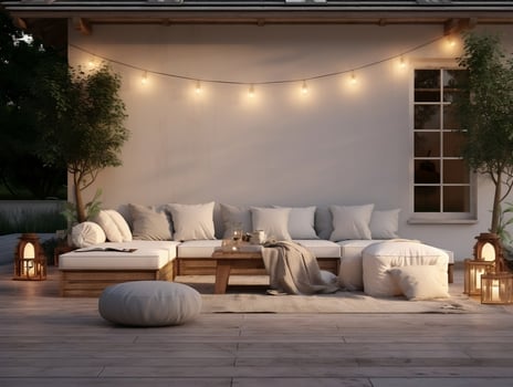 Outdoor living area with couches and lanterns AI Generative photo