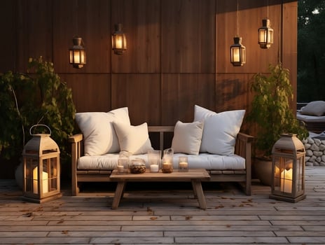 Outdoor living area with couches and lanterns AI Generative photo