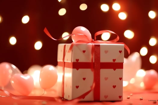 Happy valentine's day concept with red gift box and heart  shaped balloons romantic banner love concept by AI Generated photo