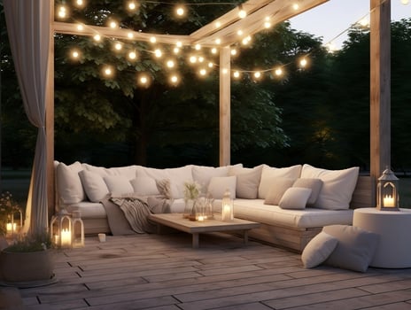 Outdoor living area with couches and lanterns AI Generative photo