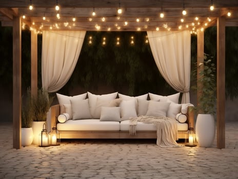 Outdoor living area with couches and lanterns AI Generative photo
