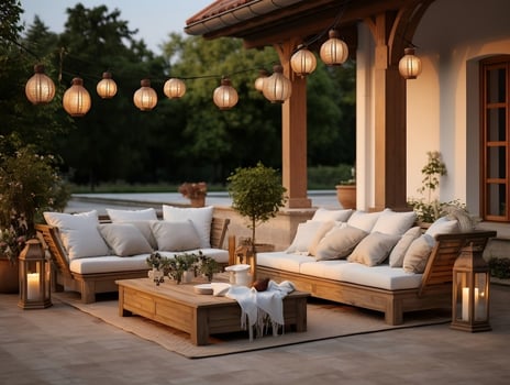 Outdoor living area with couches and lanterns AI Generative photo