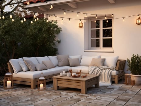 Outdoor living area with couches and lanterns AI Generative photo